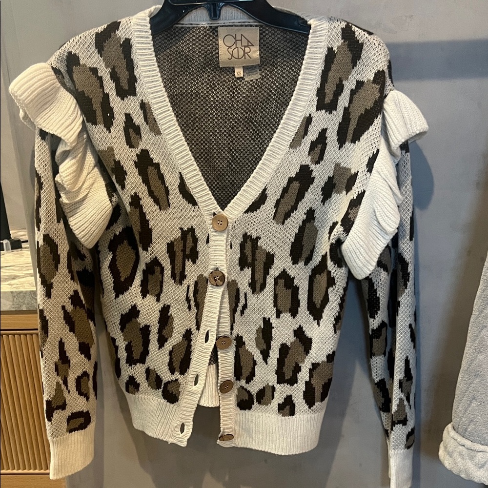 Chaser Brand Leopard Print Cardigan Sweater - Black and Cream